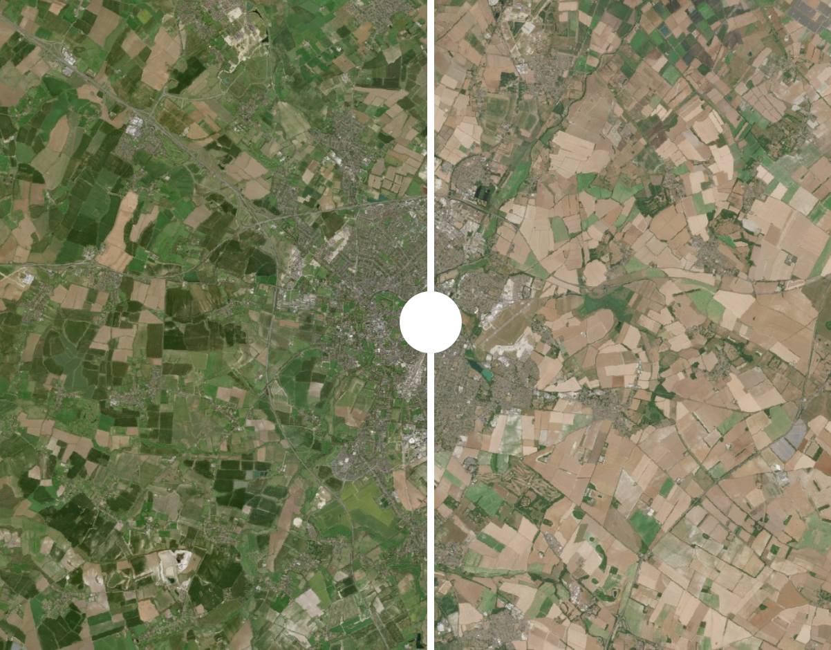 Satellite imagery of Cambridge in a normal year beside the same area during drought